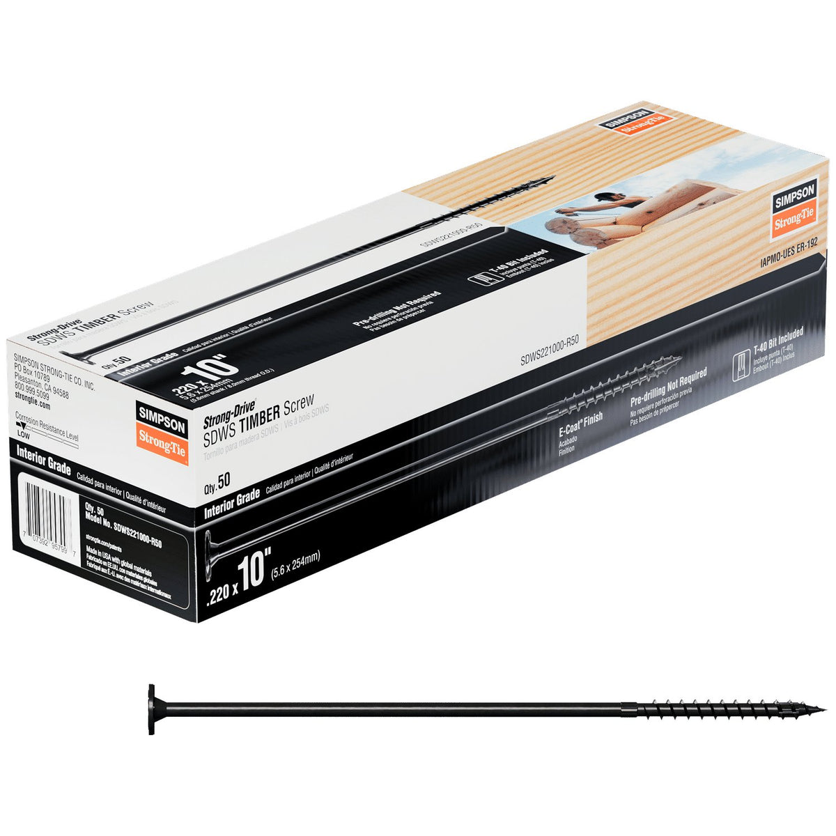 Simpson 0.220 x 10" Strong-Drive SDWS TIMBER Screw (Interior) E-coat