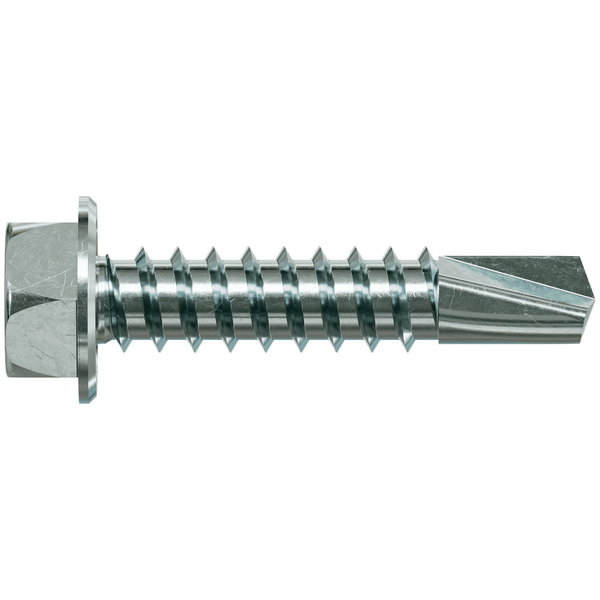 Metal screw with a hex head and threading on a white background