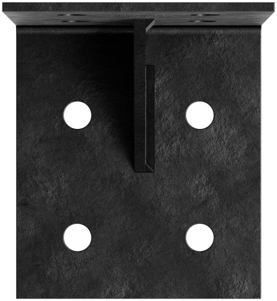 Black metal bracket with four holes on a dark background