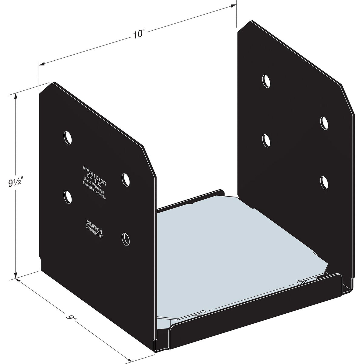 Black metal bracket with dimensions labeled on a white background
