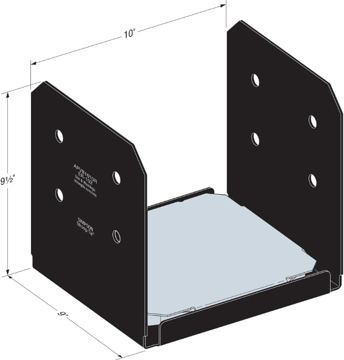 Black metal bracket with dimensions labeled on a white background
