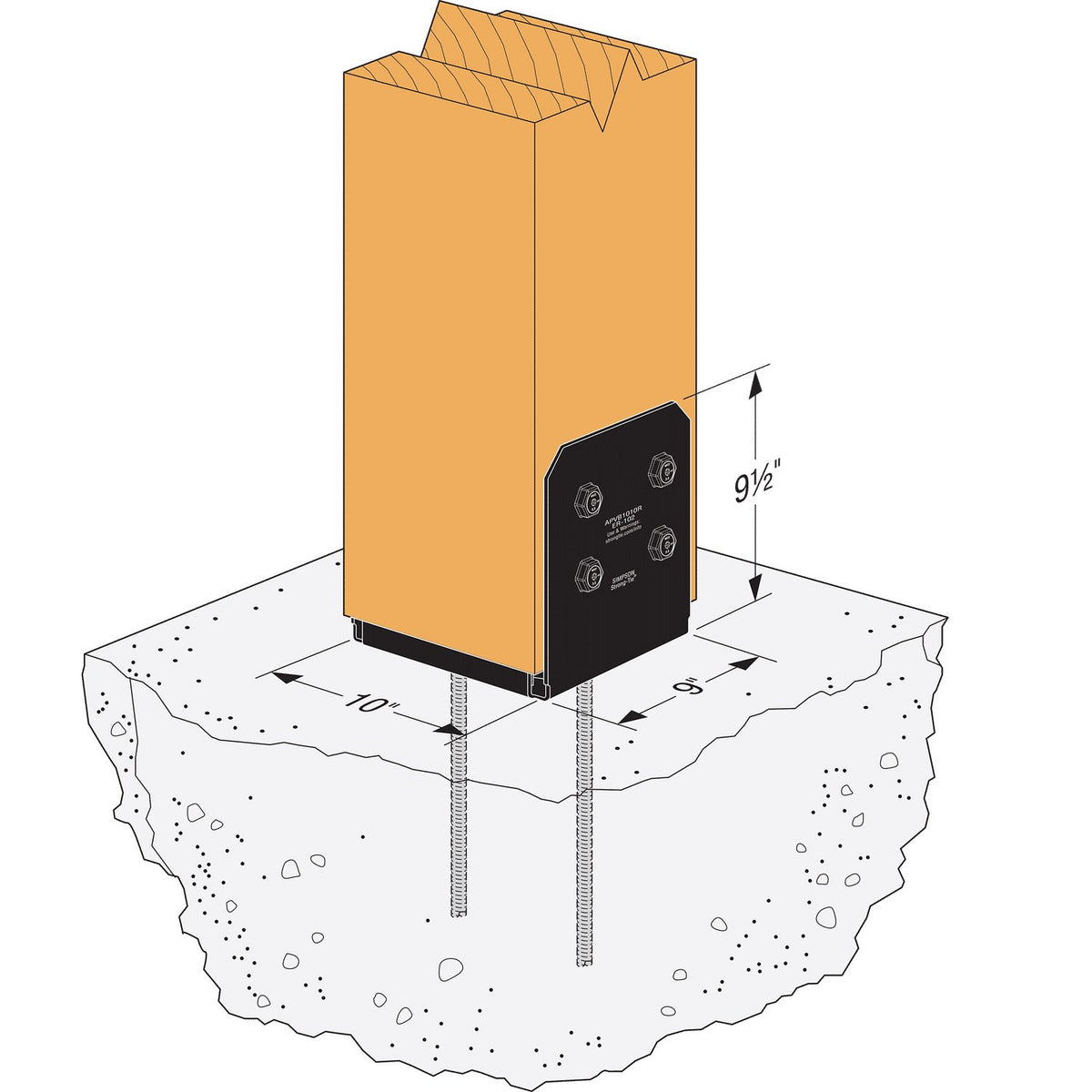 Illustration of a wooden post with a concrete base on a white background