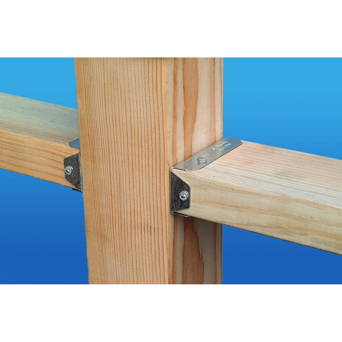 Wooden post with horizontal beams and metal brackets against a blue background