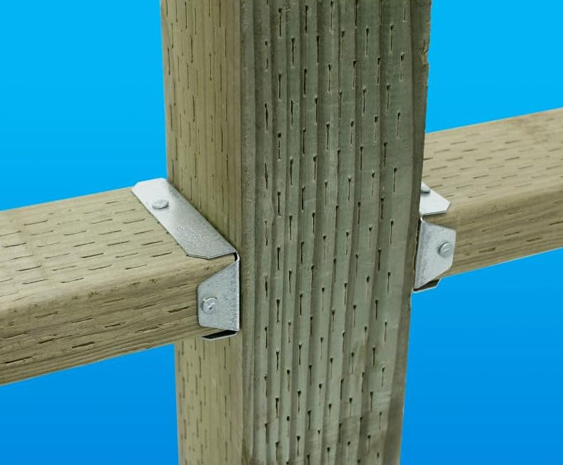 Wooden post with horizontal beams and metal brackets against a blue background