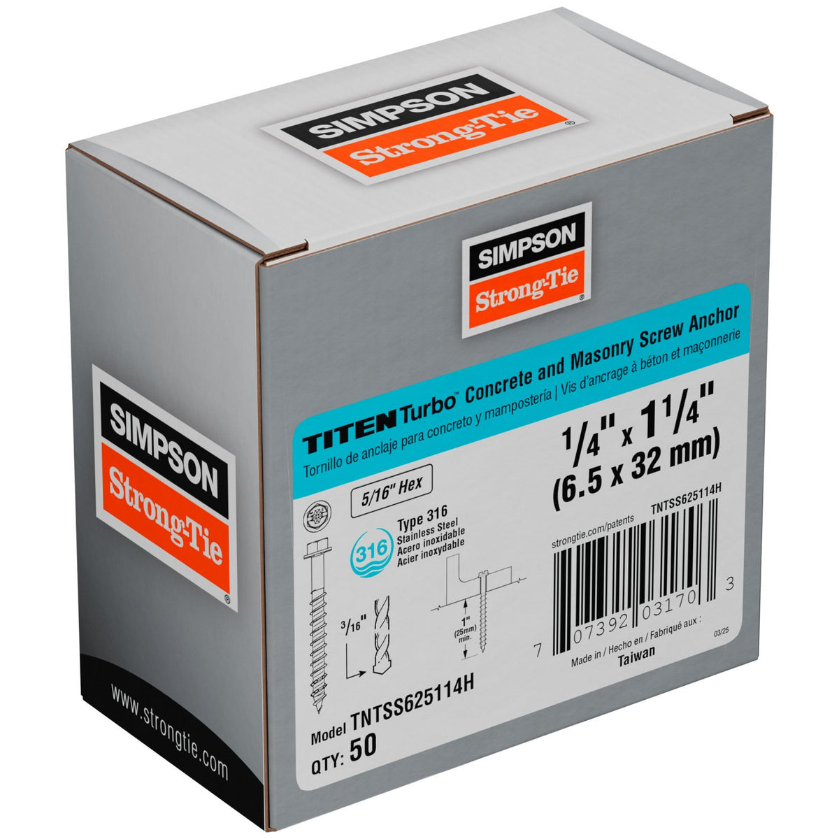 Simpson Titen Turbo - 1/4 in. x 1-1/4 in. 316 Stainless-Steel Hex-Head Concrete and Masonry Screw