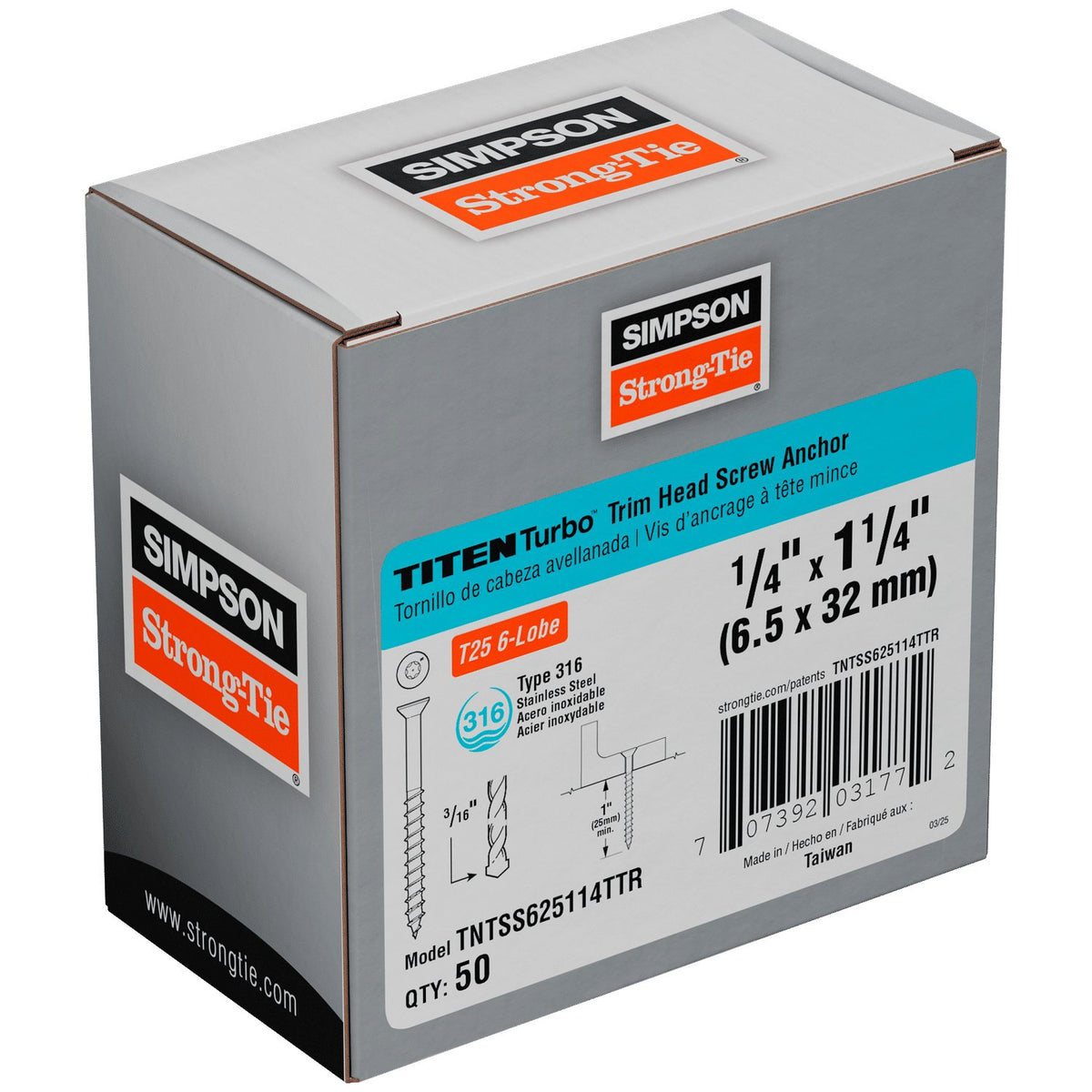 Simpson Titen Turbo - 1/4 in. x 1-1/4 in. 316 Stainless-Steel Trim-Head Concrete and Masonry Screw