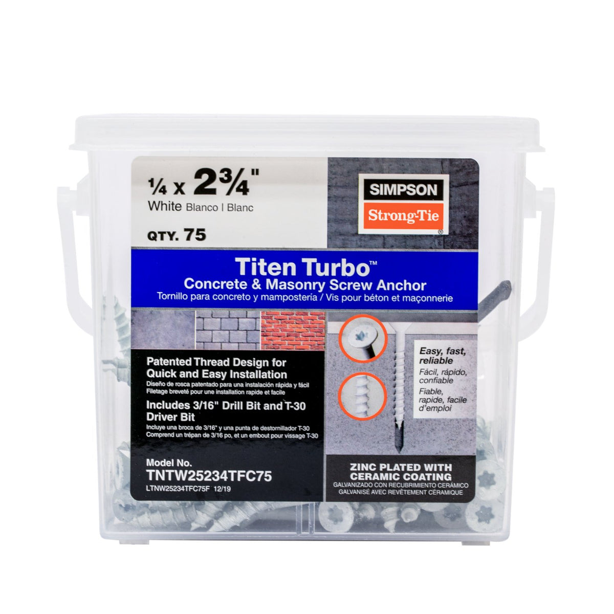 Simpson 1/4" x 2-3/4" Titen Turbo Flat-Head Screw Anchor, White TNTW25234TF