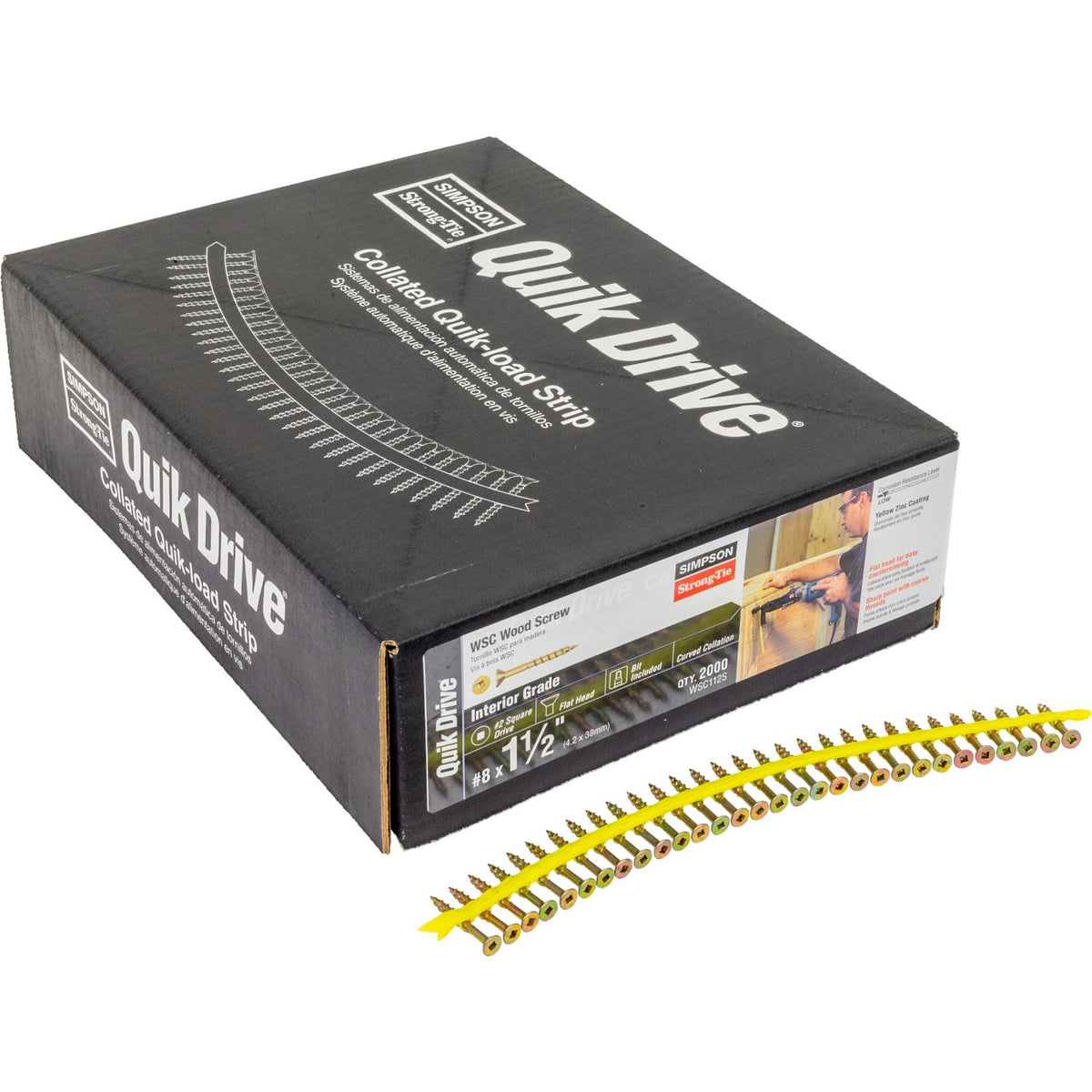 Simpson WSC112S #8 x 1-1/2 in. Collated Wood Screw, Flat Head #2 Square Drive Yellow Zinc 2000-Pack