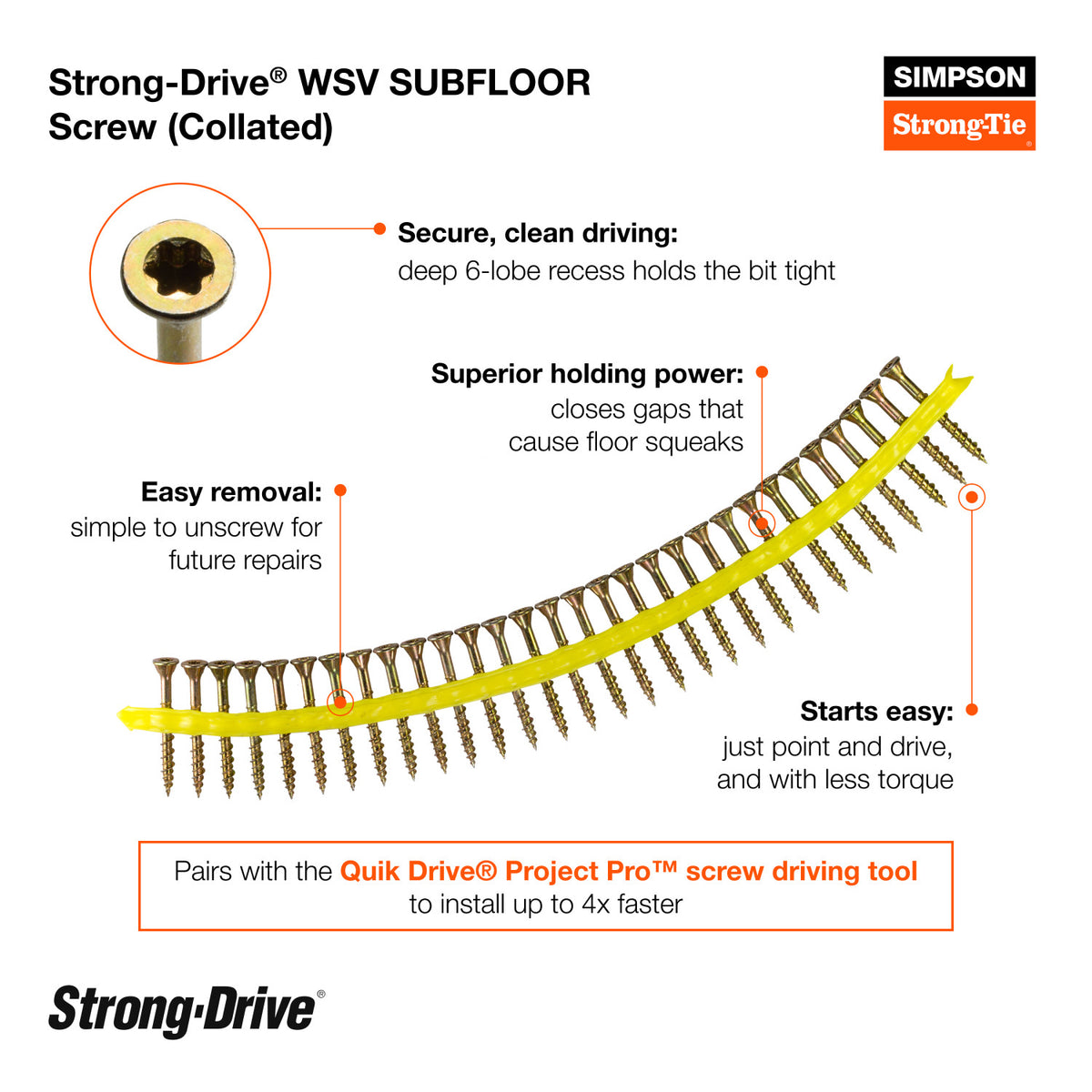 Simpson Strong-Tie Strong-Drive WSV Subfloor Screw product graphic on a white background with callout text and a close-up inset of the screw head. The image shows a curved row of brown wood screws with a yellow highlight along the center and branding at the top and bottom.