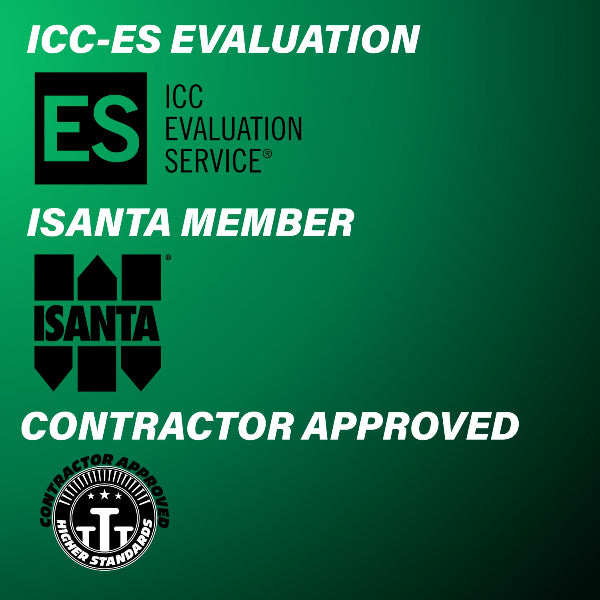 ICC-ES Evaluation, ISANTA Member, and Contractor Approved logos on a green background