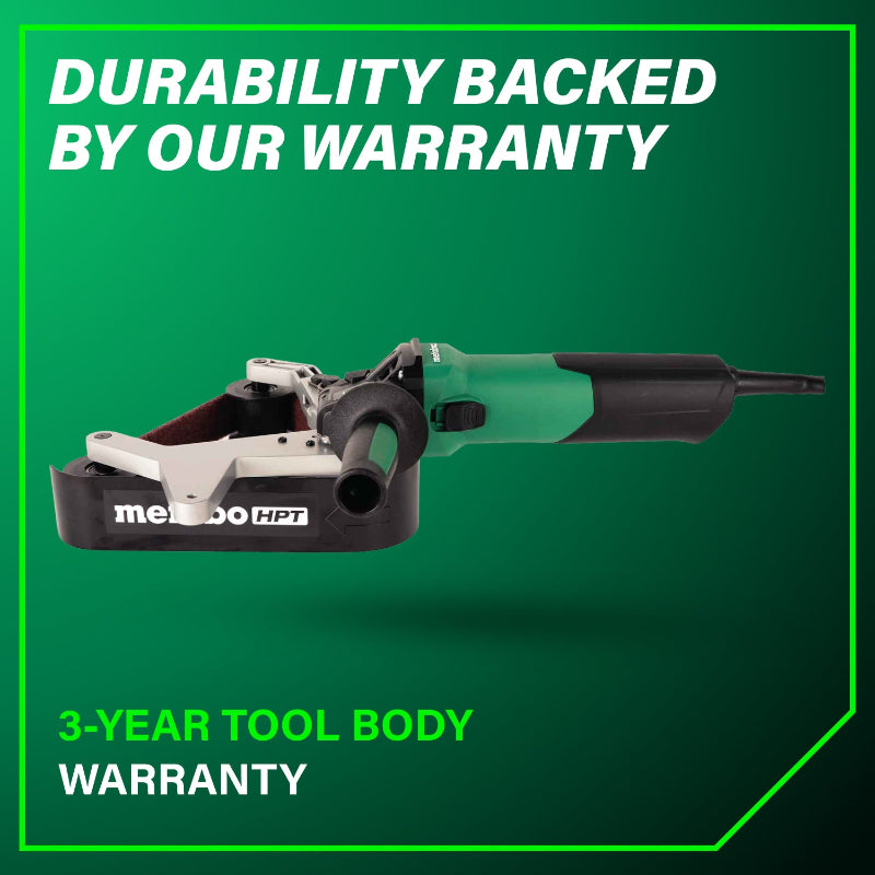 Green power tool with 'Metabo HPT' branding on a green background, featuring durability warranty text.