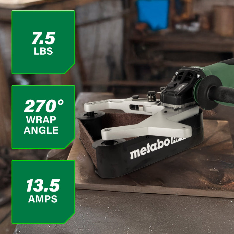 Metabo HPT angle grinder with specifications on a workshop background
