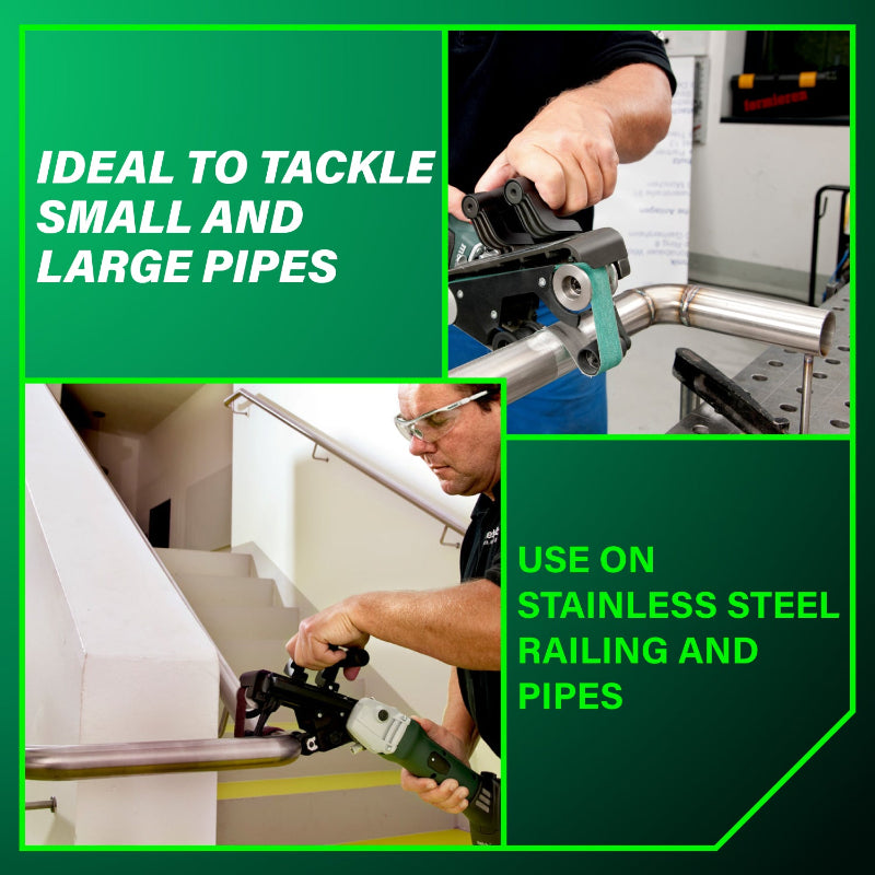 Person using a tool on stainless steel railing with text highlighting its versatility.