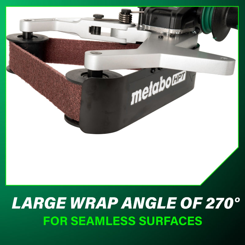 Metabo HPT belt sander with text highlighting wrap angle on a green border