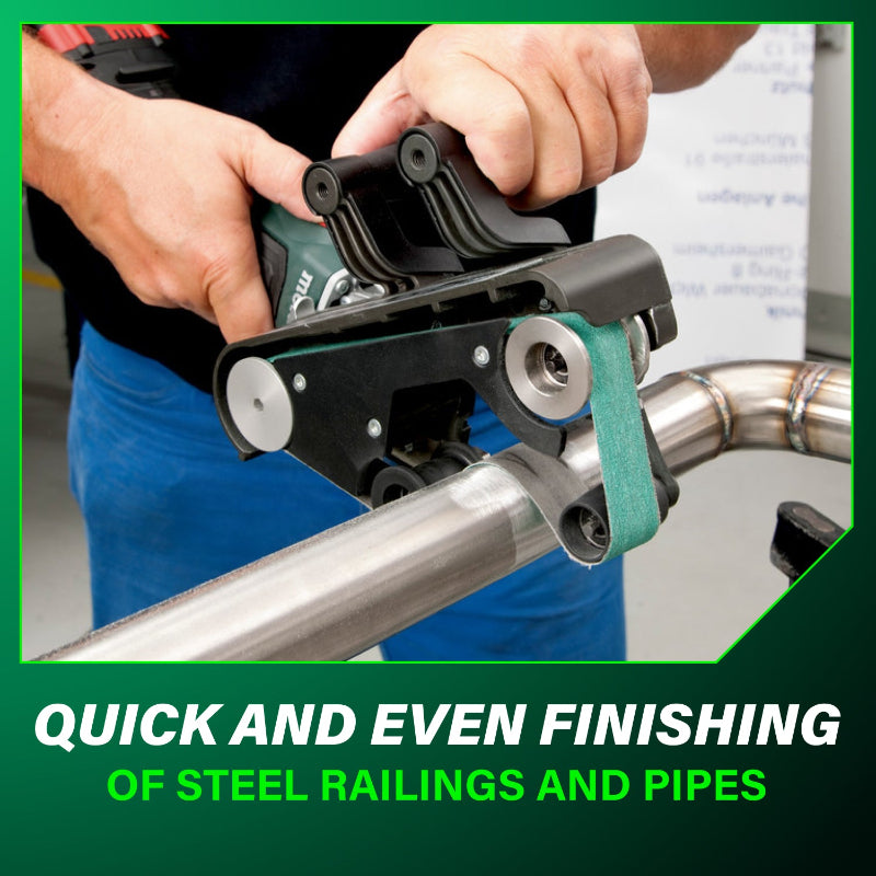 Person using a metal finishing tool on a steel railing with text 'Quick and even finishing of steel railings and pipes'.