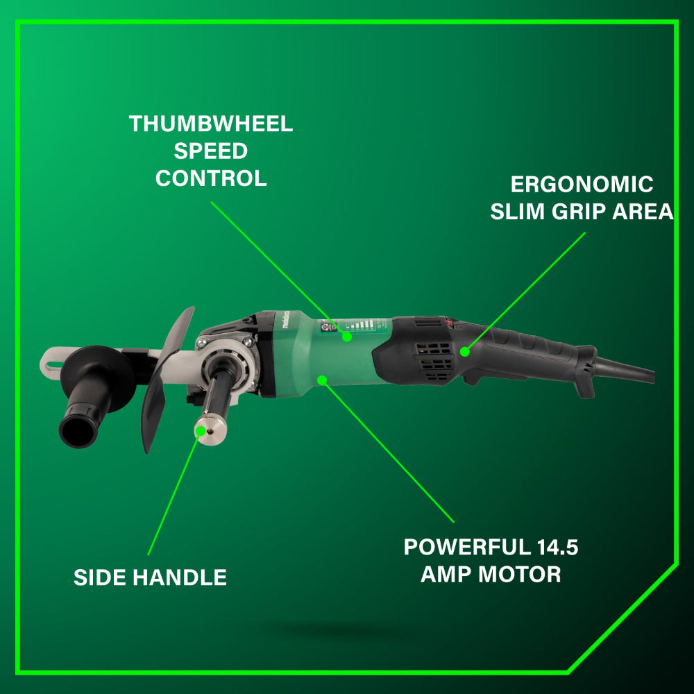 Power tool with labeled features on a green background
