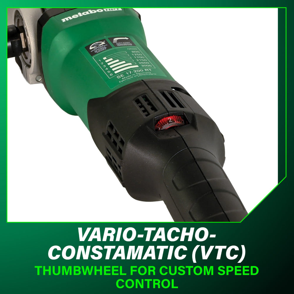 Green and black power tool with 'Metabo' branding on a white background