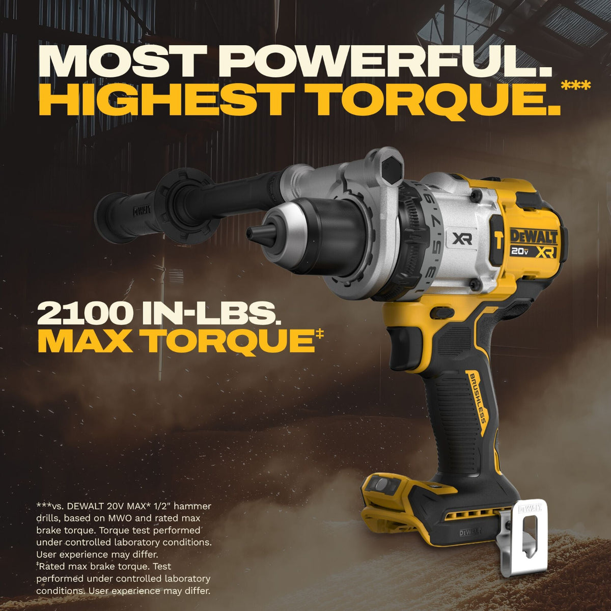 DeWalt drill with text highlighting its power and torque on a dark background