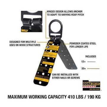A technical product diagram of a Weyday roof anchor with callout lines and text explaining its features, including hinged design, powder-coated steel, and maximum working capacity of 410 lbs / 190 kg.