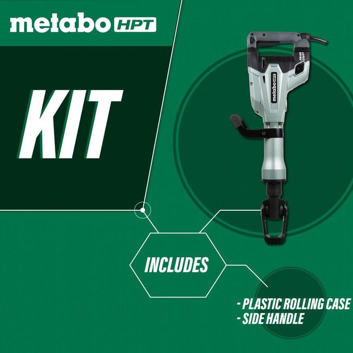 Metabo HPT tool kit with plastic rolling case and side handle on a green background