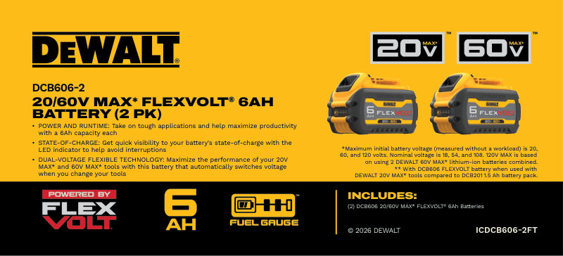 A promotional graphic for the DEWALT DCB806-2 20V/60V MAX* FLEXVOLT 6AH Battery (2 PK) on a bright yellow background. The graphic includes product specifications, feature bullet points, compatibility info, and an included accessories list, alongside two illustrations of the battery.