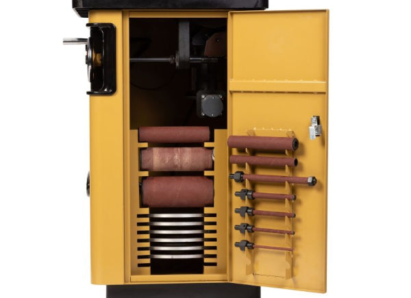 Yellow tool cabinet with open doors displaying various tools on a white background
