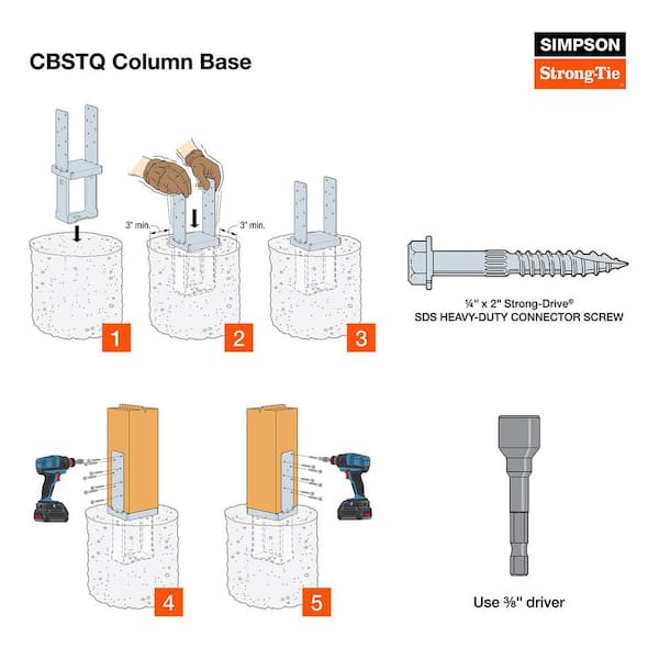 Step-by-step installation guide for Simpson Strong-Tie CBSTQ Column Base with tools and hardware.
