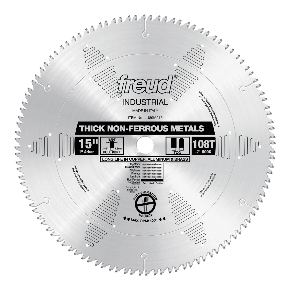 Freud 15" Thick Stock Aluminum Metal Blade - Teeth: 108, Arbor: 1"