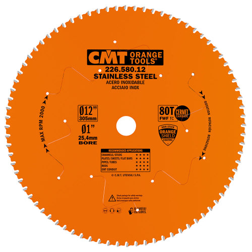 CMT 226.580.12 Stainless Steel Saw Blade 12" x 0.087" x 1" T80 FWF