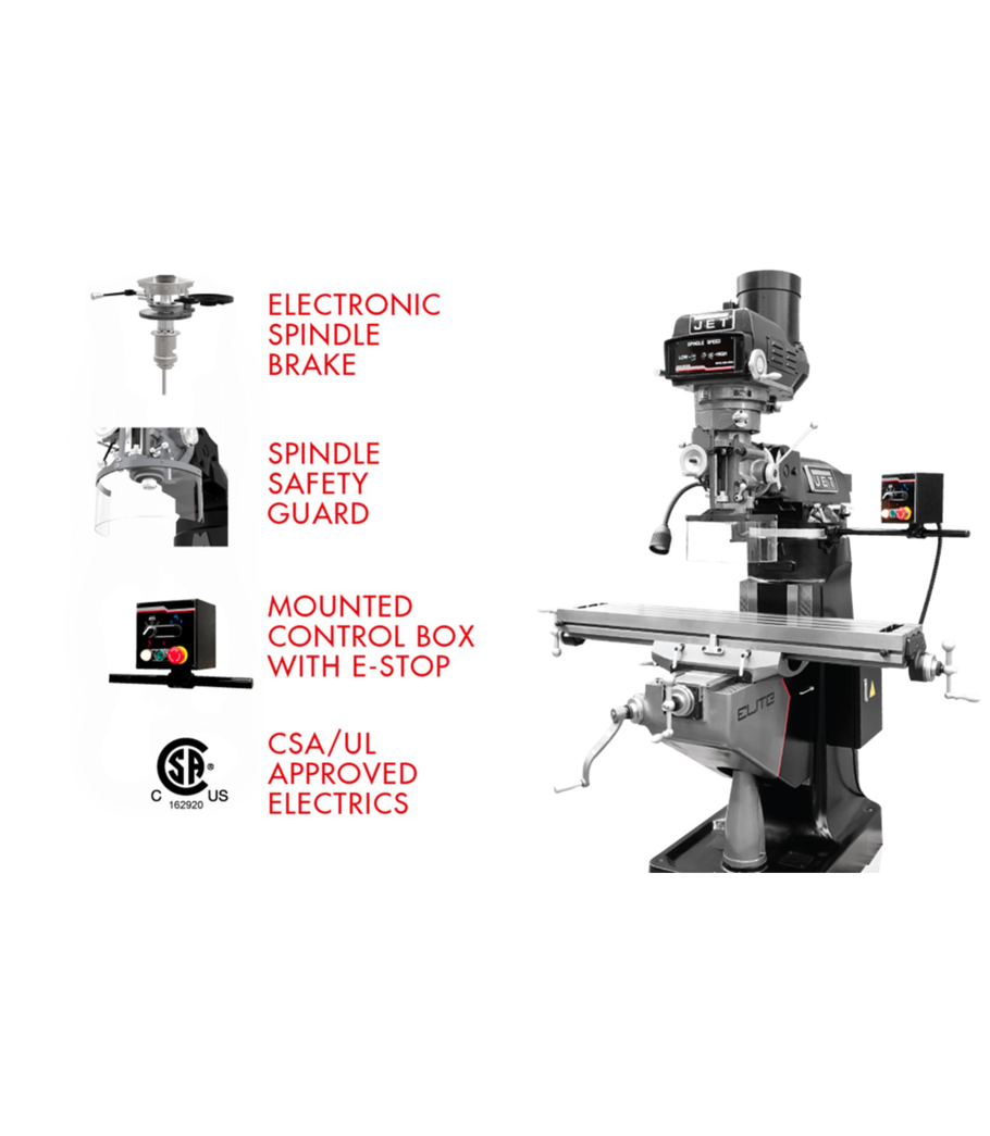 JET Elite ETM-949 Mill with 3-Axis ACU-RITE 303 (Knee) DRO and X-Axis JET Powerfeed - 894145