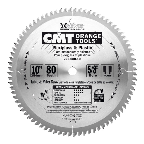 CMT 222.080.10 Industrial Plexiglass and Plastic Saw Blade 10" x 5/8" T80 MATB