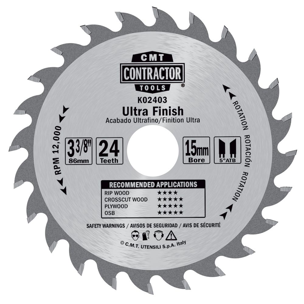 CMT K02403 ITK Contractor Saw Blade Ultra Finish 3-3/8" x 15mm T24 ATB