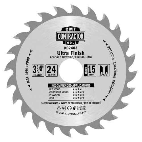 CMT K03604 ITK Contractor Saw Blade Ultra Finish 4-3/8" x 5/8" T36 ATB