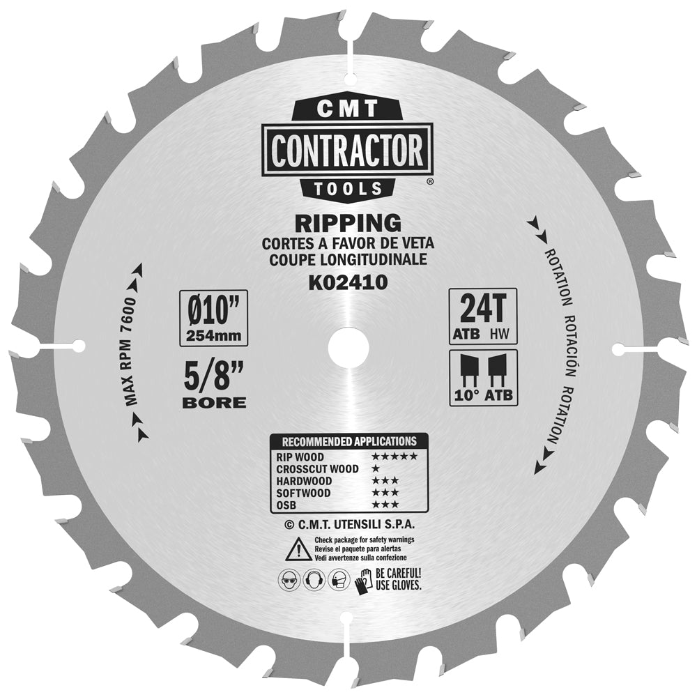 CMT K02410 ITK Contractor Saw Blade Ripping 10" x 5/8" T24 ATB