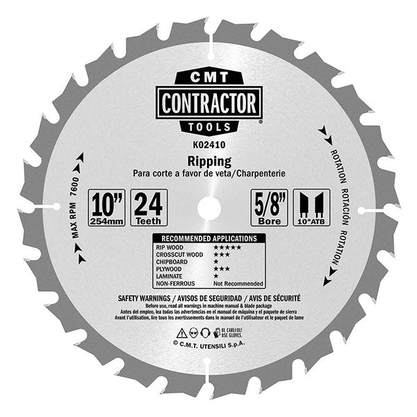 CMT K02410 ITK Contractor Saw Blade Ripping 10" x 5/8" T24 ATB