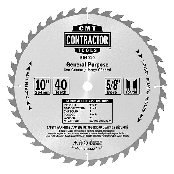 CMT K04010 ITK Contractor Saw Blade General Purpose 10" x 5/8" T40 ATB