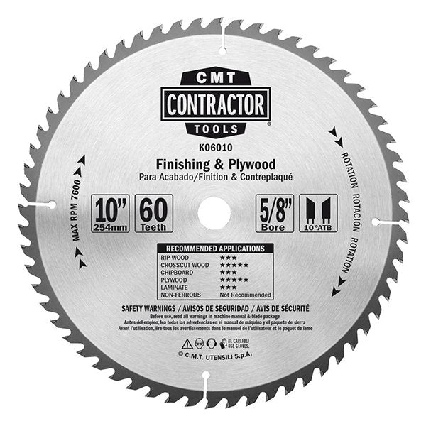 CMT K06010 ITK Contractor Saw Blade Finish 10" x 5/8" T60 ATB