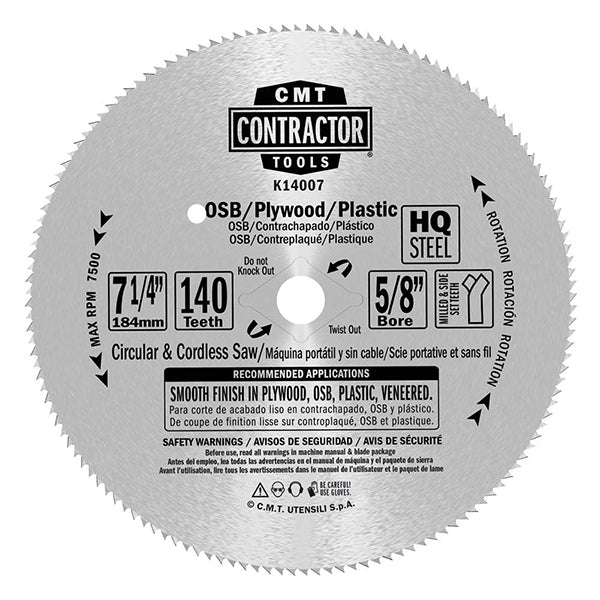 CMT K14007 ITK Contractor Saw Blade Finish for Plywood 7-1/4" x 5/8" T140 10Pk