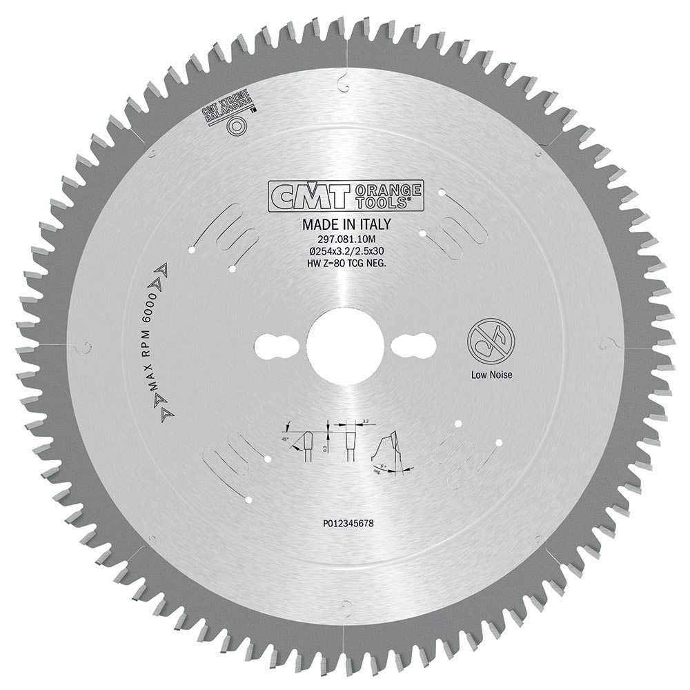 CMT 297.080.10M Non-Metal/Laminate Saw Blade HW 250 x 30mm T80 TCG Neg
