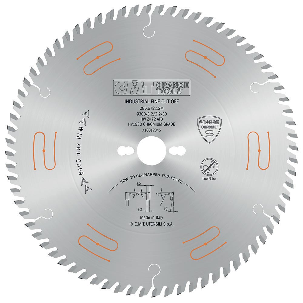 CMT 285.672.12M Orange Chrome Crosscut Fine Finish Saw Blade 12" x 30mm T72 ATB