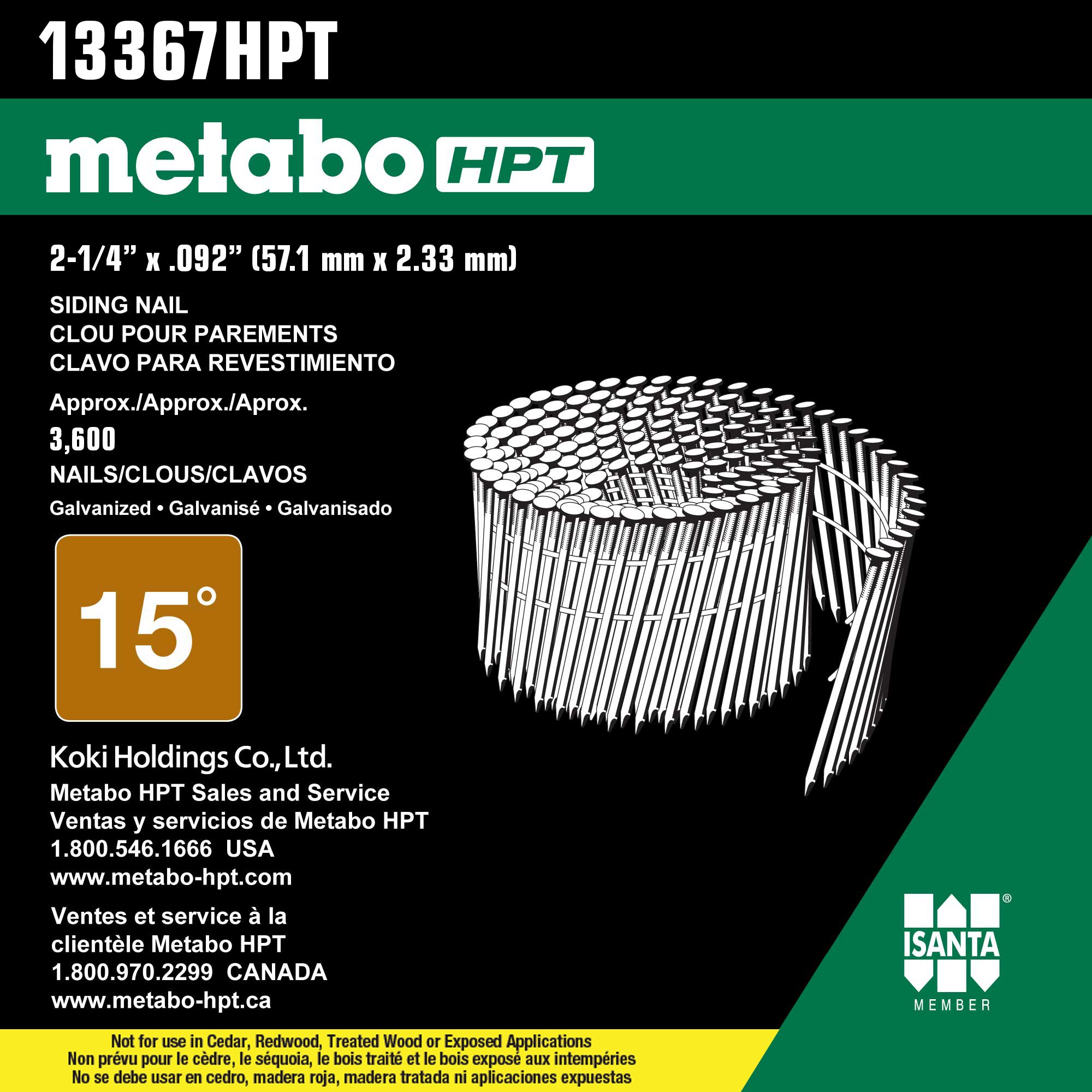 Metabo HPT 13367HPT 2-1/4" x 0.092 Hot-Dipped Galvanized Ring Diamond Round Head Coil Wire Nail (3.6M)