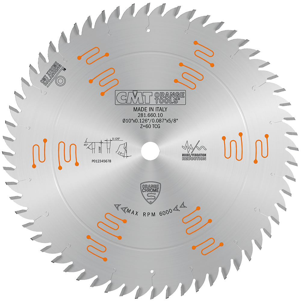 CMT 281.660.10 Orange Chrome Heavy-Duty Fine Finish Saw Blade 10" x 5/8" T60 TCG