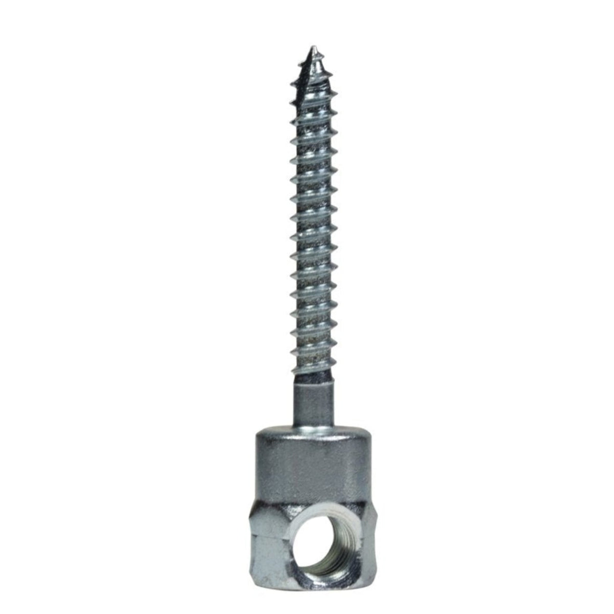A zinc-coated carbon steel wood rod hanger with a threaded rod and a horizontal attachment bracket.