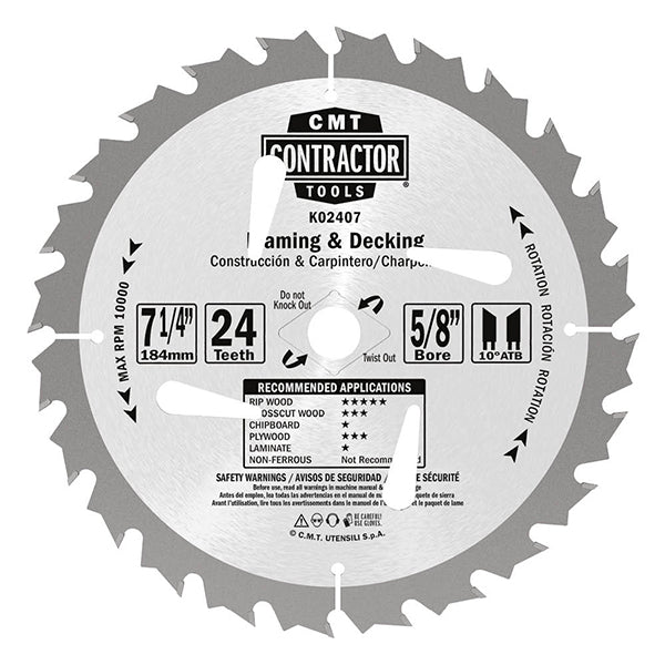 CMT K02406 ITK Contractor Saw Blade Framing/Decking 6-1/2" x 5/8" T24 ATB
