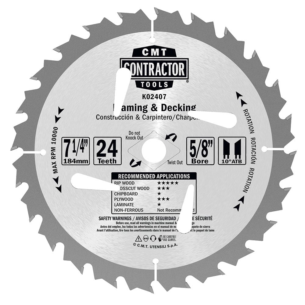 CMT K02407 ITK Contractor Saw Blade Framing/Decking 7-1/4" x 5/8" T24 ATB