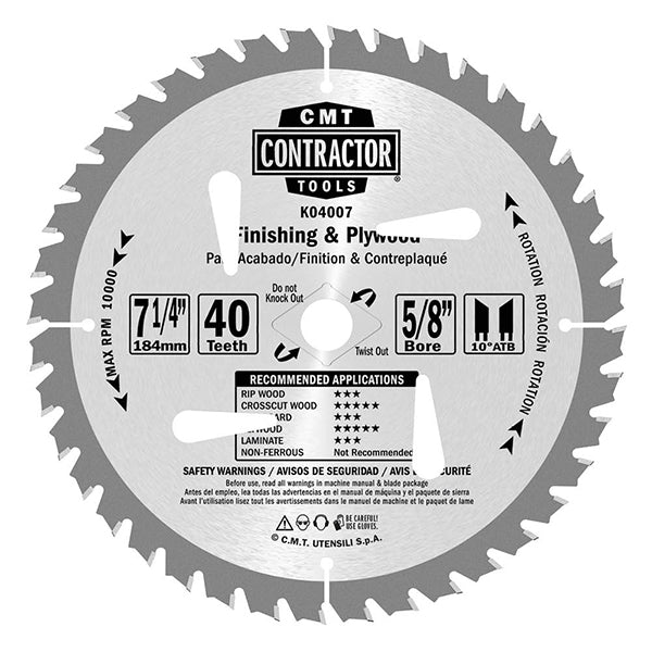 CMT K04007 ITK Contractor Saw Blade Finish 7-1/4" x 5/8" T40 ATB