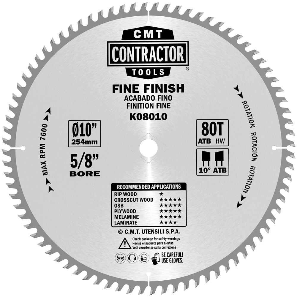 CMT K08010 ITK Contractor Saw Blade Fine Finish 10" x 5/8" T80 ATB