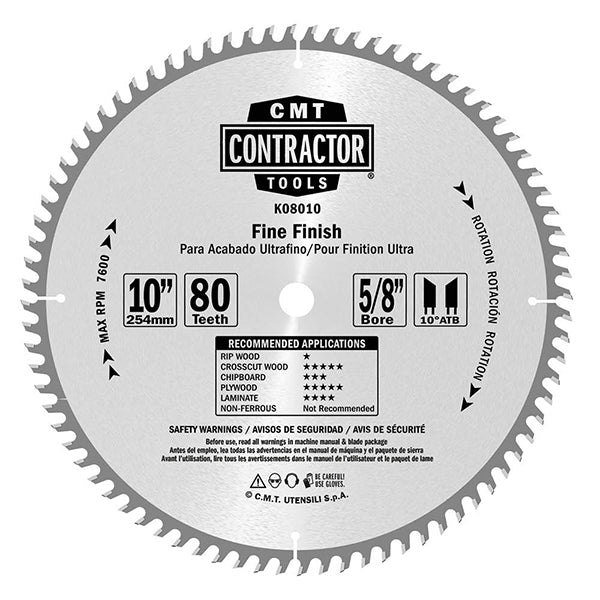 CMT K08010 ITK Contractor Saw Blade Fine Finish 10" x 5/8" T80 ATB