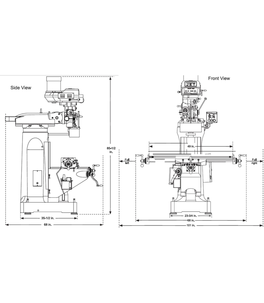 JET Elite ETM-949 Mill with X-Axis JET Powerfeed and USA Made Air Draw Bar - 894104
