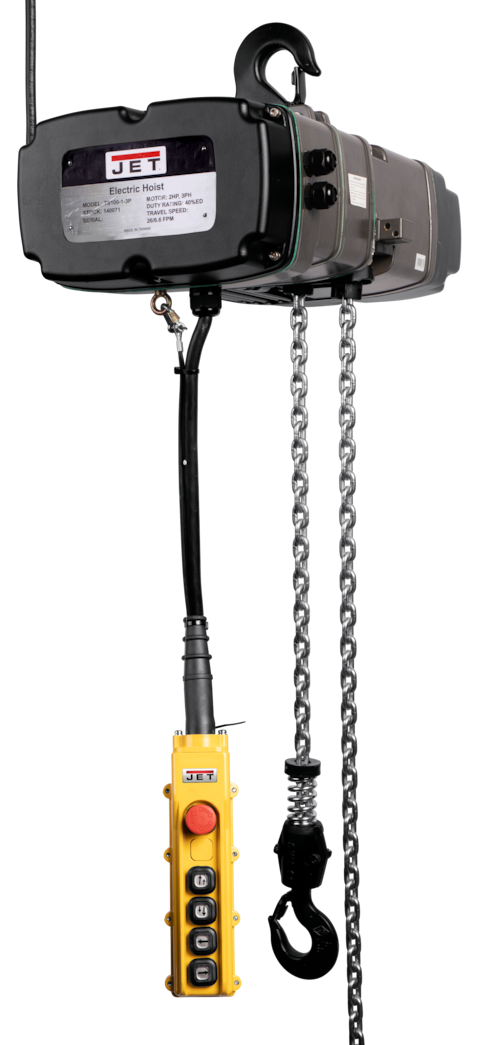 JET TS100-460-010 1-Ton 2 Speed Electric Chain Hoist 3Ph 10' Lift / 2 Speed Trolley 3Ph & 4 Button Wired Pendant 6ft